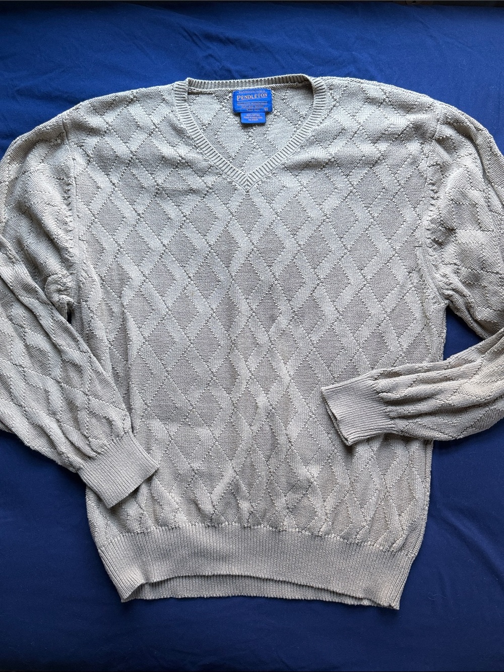 Pendleton Men's M Cotton V-Neck Sweater Argyle Textured Knit Gray Sage Vintage